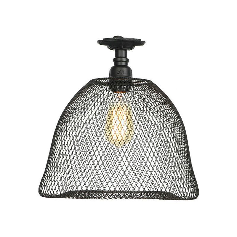 1 Bulb Saucer/Barrel Semi Flush Light Industrial Stylish Black Finish Metal Ceiling Mounted Light with Mesh Screen