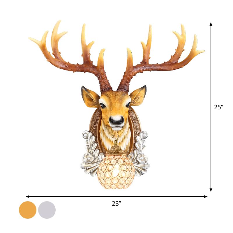 Ball Living Room Wall Sconce Cottage Beveled K9 Crystal 1 Head Grey/Yellow Wall Mounted Lighting with Deer Head Design