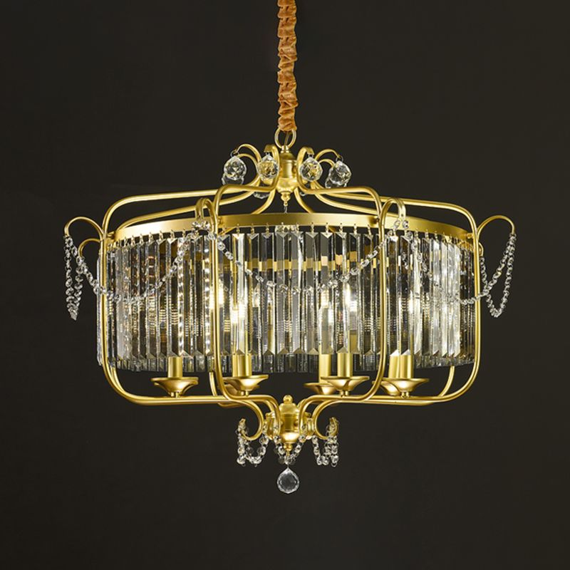 Candle Ceiling Chandelier Retro Prismatic Crystal Hanging Lamp with Scroll Frame