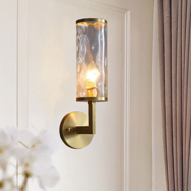 12"/16" Wide Cylindrical Sconce Lighting Modernist Clear Dimpled Glass 1 Bulb Brass Finish Wall Light