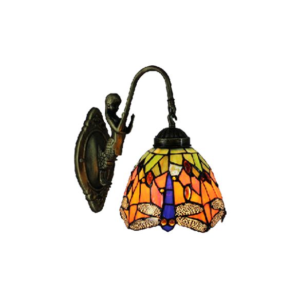 Orange Dome Sconce Light Baroque 1 Head Stained Glass Wall Light Fixture with Dragonfly Pattern