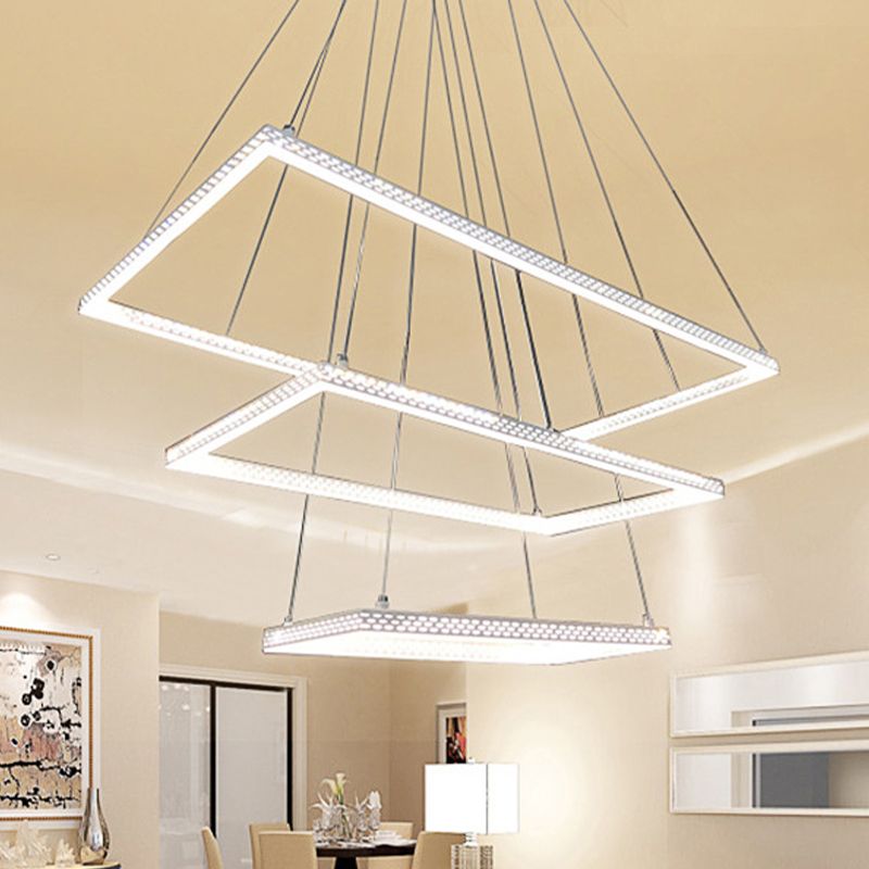 White Rectangular Chandelier Lighting Modernist 3 Lights Metal Ceiling Pendant Lamp Fixture in White/Warm/Natural Light