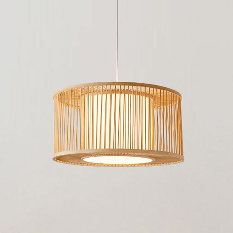 Handmade Drum Cage Bistro Pendant Light Bamboo 1 Bulb Asia Hanging Lamp Kit with Shade Inside