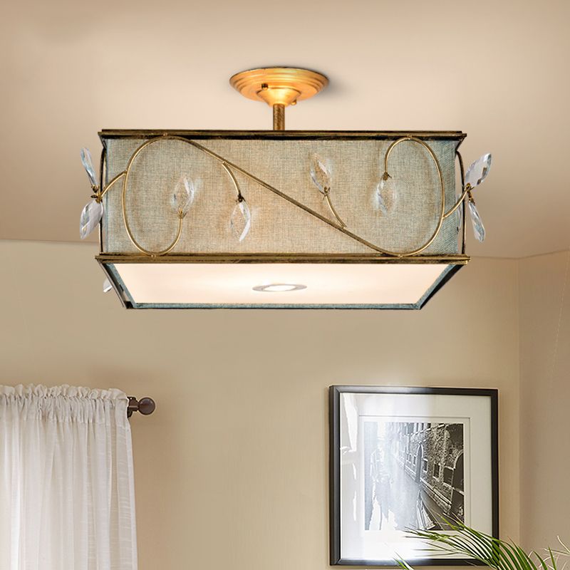 Vlas 3 lichten semi -spoelmontage lamp rustiek stof kubus plafond gemonteerd licht