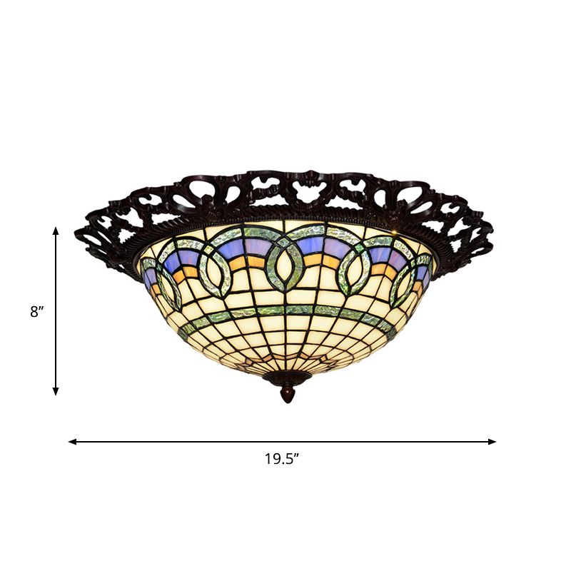 Grid Bowl Shaped LED Ceiling Lamp Baroque Bronze Stained Glass Flush Mount Lighting