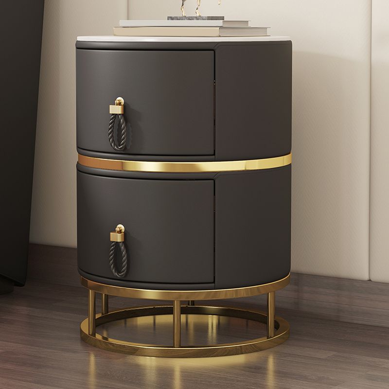 Glam Stone Top Nightstand 20 Inch H 2-drawer Faux Leather Night Table