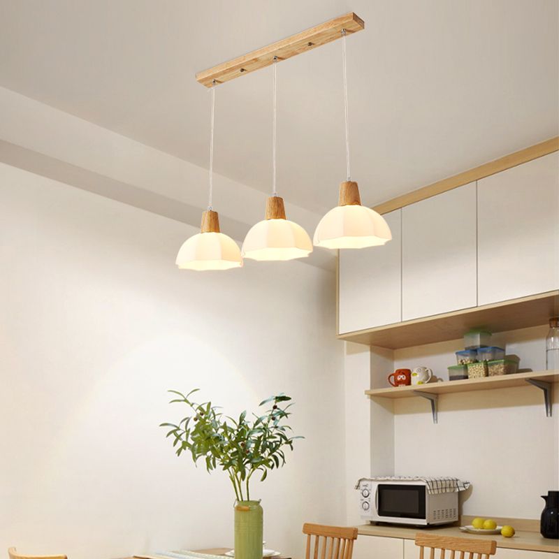 Dome Shade Kitchen Island Light Wood and Glass Ceiling Fixture