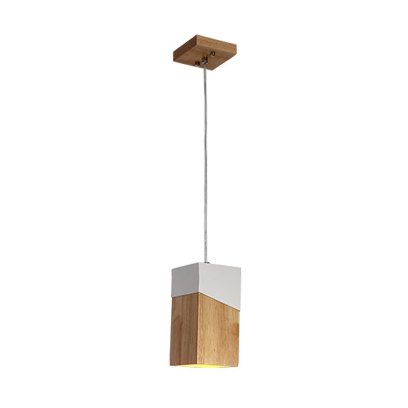 Cuboid Drop Pendant Light Modern Wood 1 Light Beige and White Suspension Lamp for Bedside