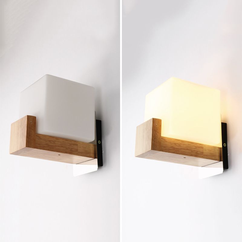 Nordic Style Squared Wall Sconce Lighting Wooden Bedroom Wall Light Sconce in White