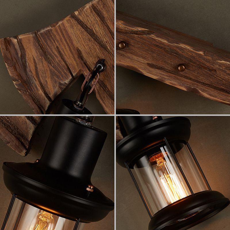 Wooden Ax Wall Sconce Light Country 1 Head Bedroom Wall Lighting with Lantern Shade