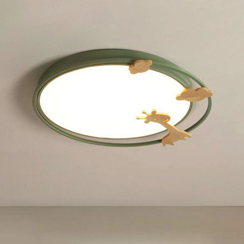 Circular Flush Mount Lighting Cartoon Metallic Kids Bedroom LED Flush Mount Fixture with Wooden Decor