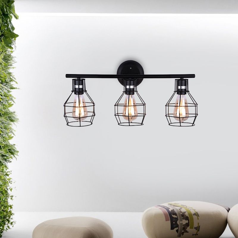 Industrial Torpedo Cage Wall Lamp 3 Lights Metallic Wall Lighting Fixture in Black