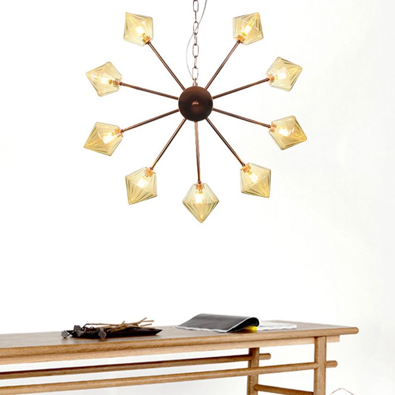 Diamond Shade Hanging Lighting Industrial Amber/Clear Glass 6/9/12 Heads Living Room Chandelier Lamp in Black/Brass/Copper