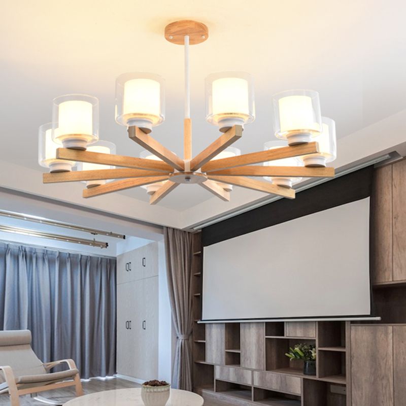 Wooden Chandelier Modern Living Room Suspension Lamp with Glass Shade