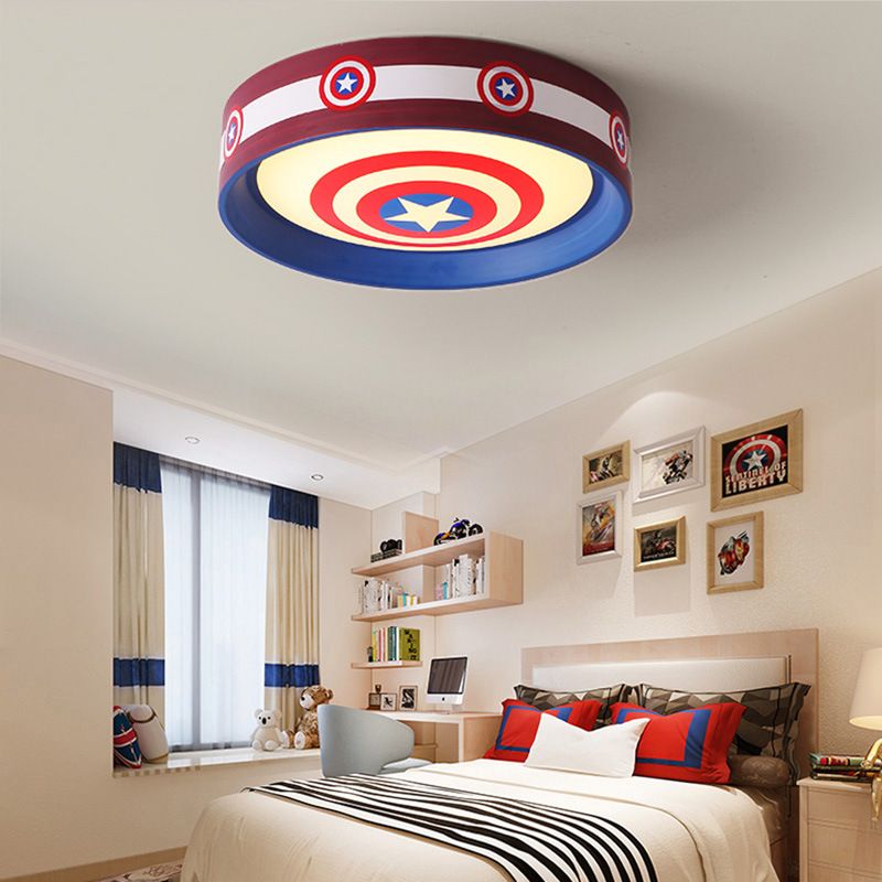 Lámpara de techo redonda con estilo americano, luz de montaje en techo LED azul y roja de Metal con estrella para dormitorio de niños