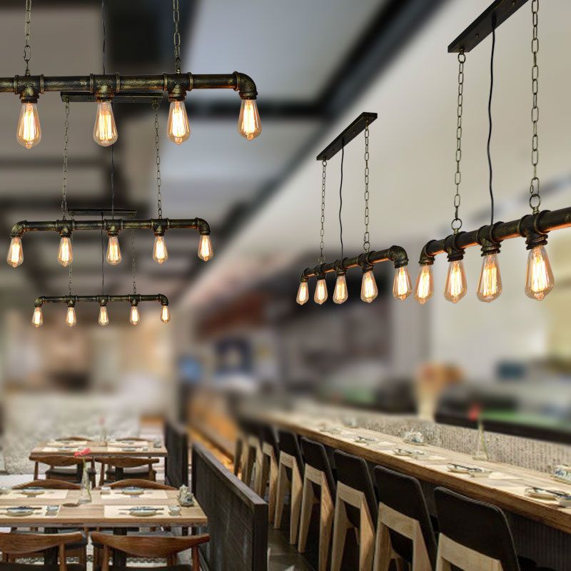 5 Lights Metal Water Tubular Island Pendant Lighting Retro Industrial Exposed Bulb Island Lamp