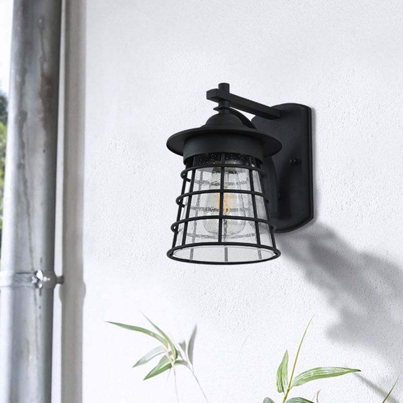 Conical Yard Wall Light Sconce Cottage Clear Ripple Glass 1 Light Black Finish Wall Mounted Lamp with Cage