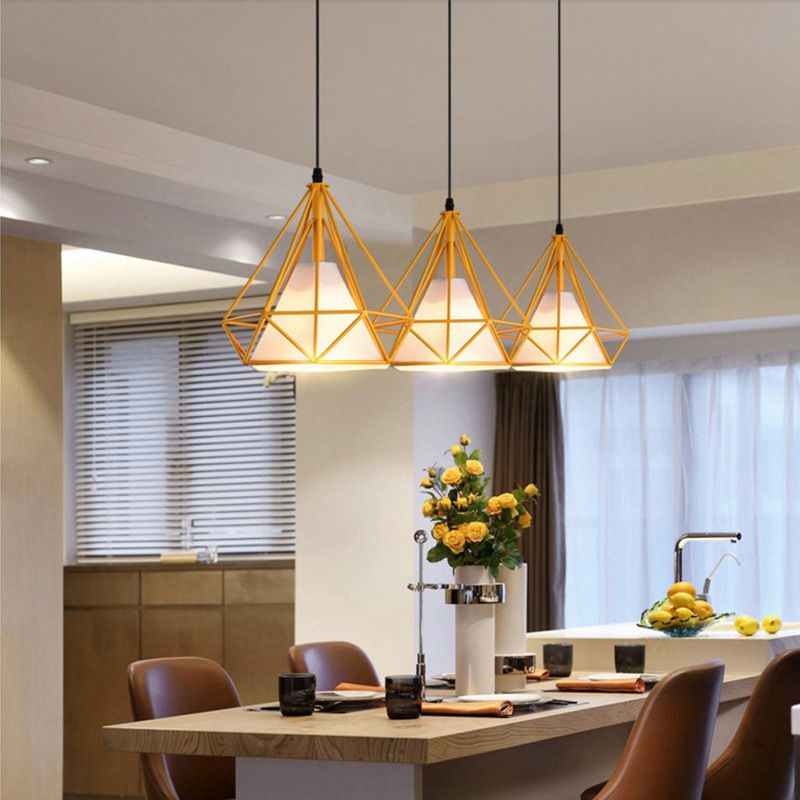 4-Color Optional Metal Cage Hanging Light Single Bulb Diamond Shaped Bedroom Lighting Fixture