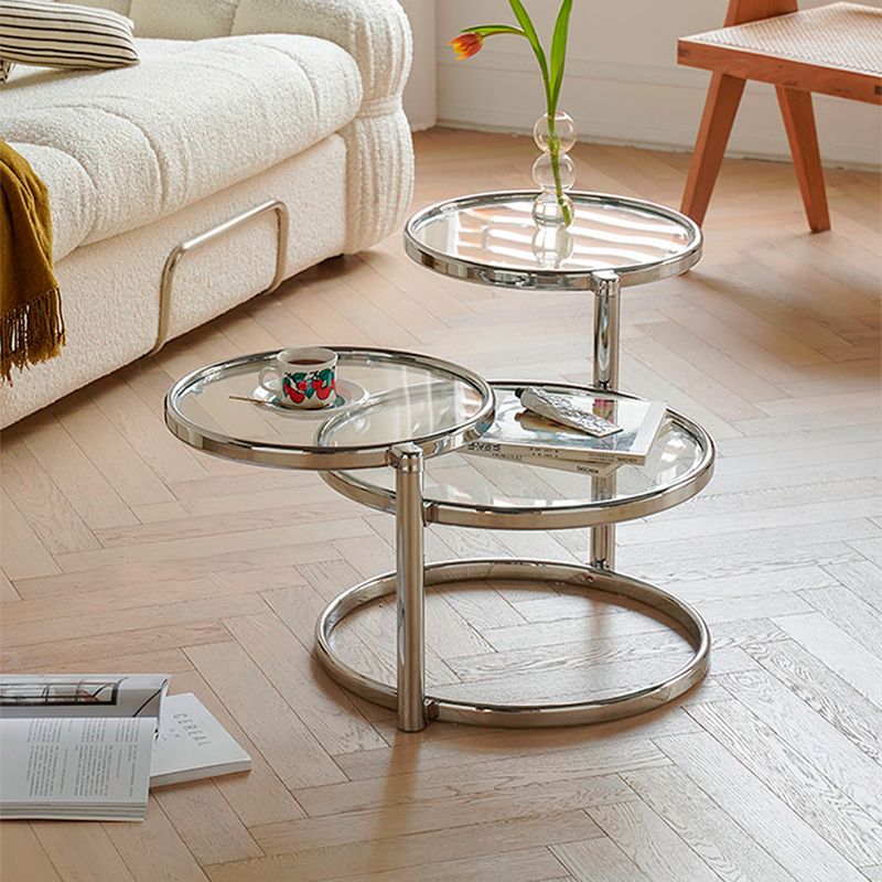 Extendable Coffee Table with Glass Round Top and Stainless Steel Base
