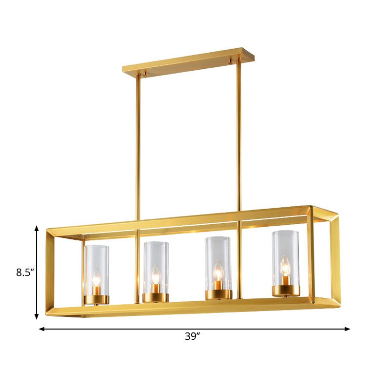 Classic Rectangle Hanging Pendant Light 3/4/5 Lights Clear Glass Island Lighting in Gold for Dining Room
