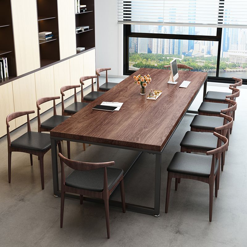 Rectangle Trestle Base Industrial Dining Table Solid Wood Fixed Table