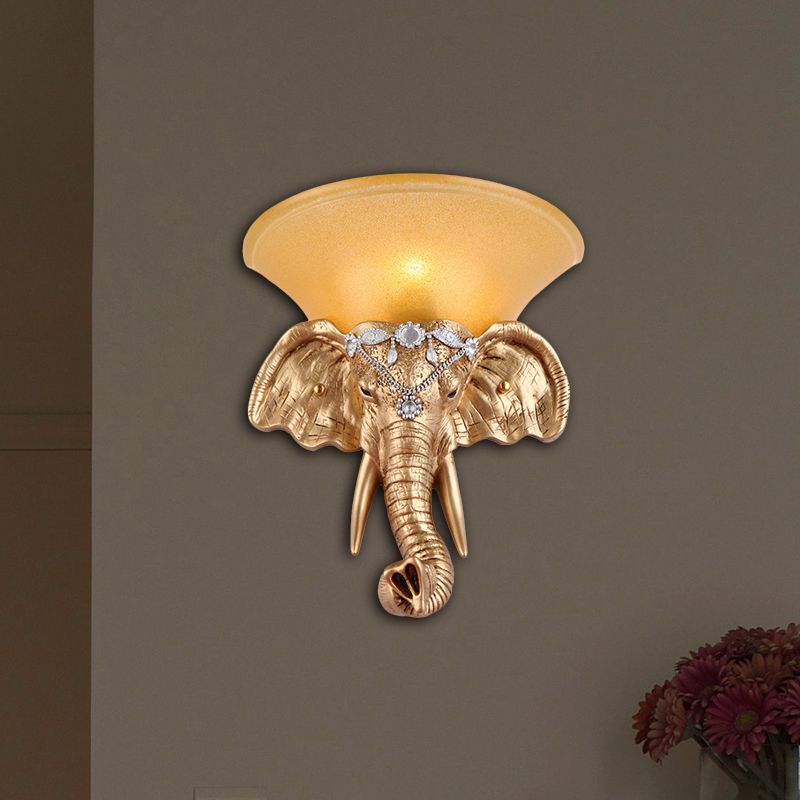 1 Bulb Resin Sconce Lamp Retro Style Golden Elephant Head Bedroom Wall Light with Flared Yellow Glass Shade
