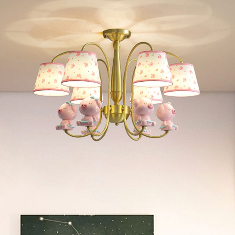 Patterned Fabric Tapered Chandelier Lighting Cartoon Gold Pendant Light with Resin Animal