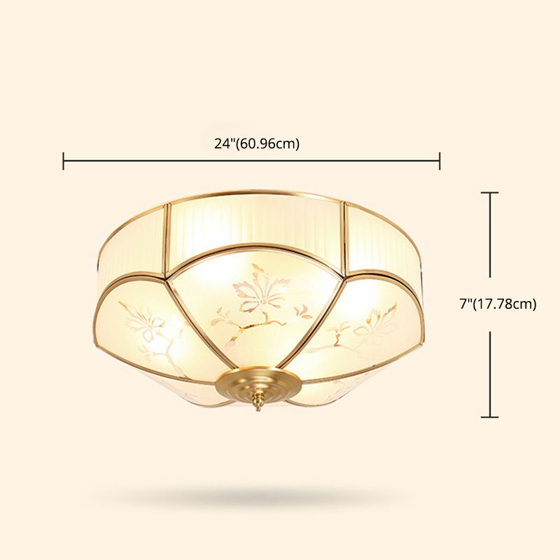 Gold Bowl Ceiling Light in Colonical Luxury Style Copper Flush Mount with Printing Glass Shade