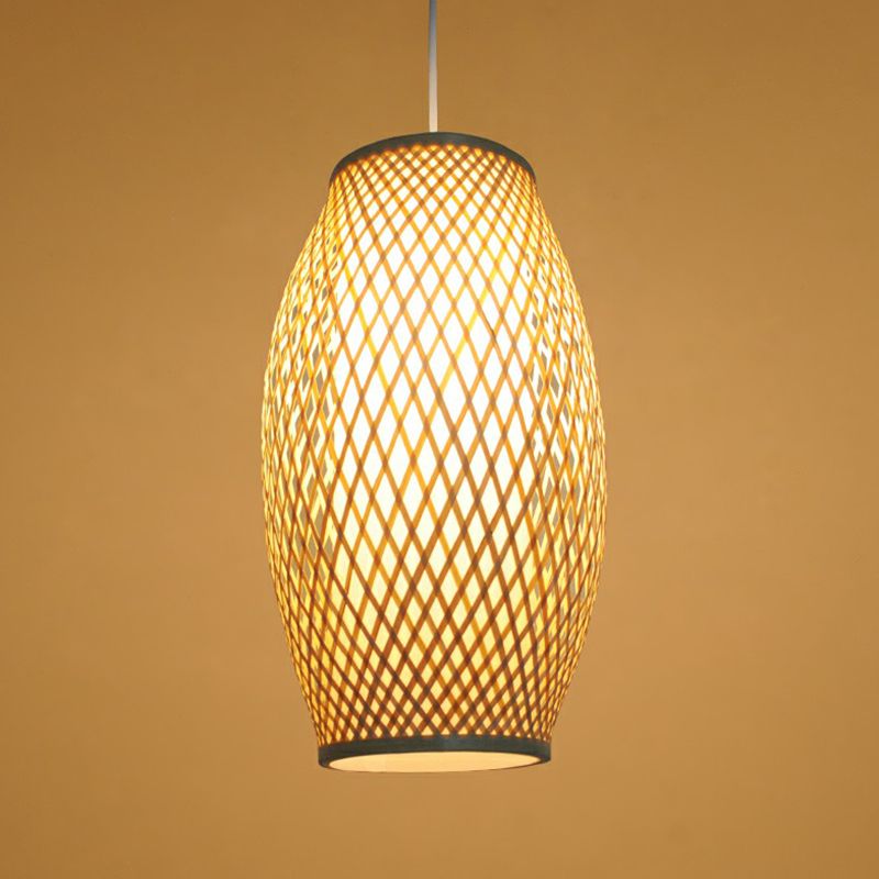 1-Light Corridor Hanging Lighting Chinese Wood Pendant Lamp with Elliptical Bamboo Shade