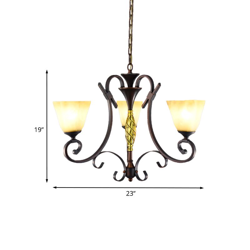 Opal Glass Bell Suspension Lighting Vintage 3-Light woonkamer Kroonluchter met gebladerde arm in brons