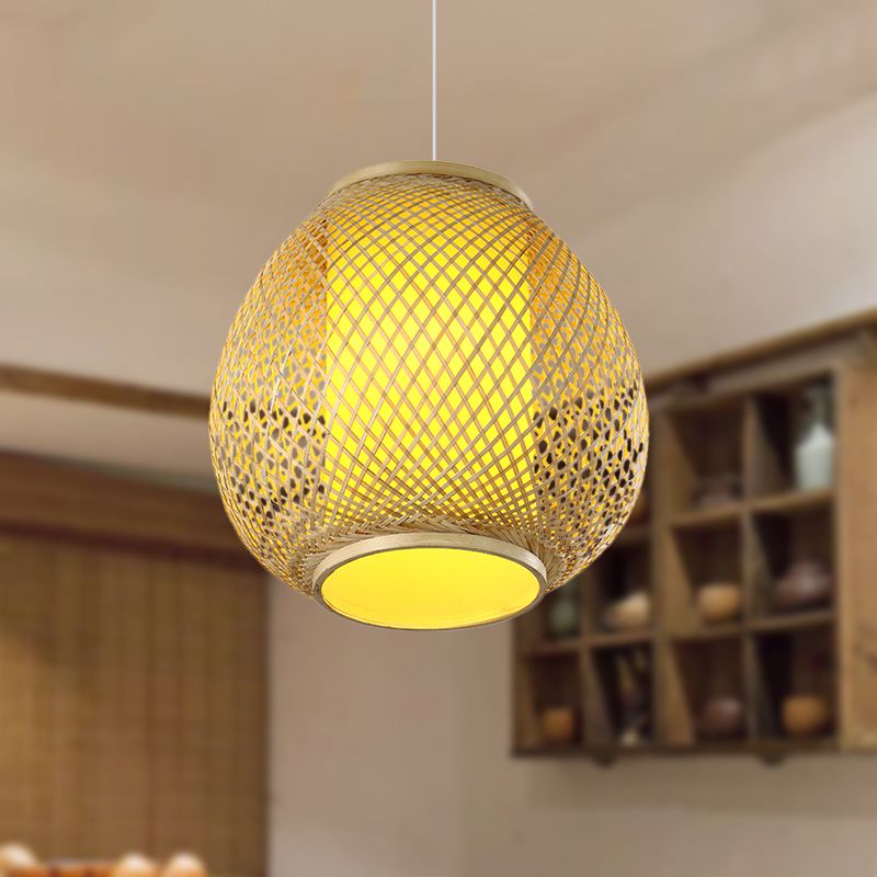 1 Head Handcrafted Ceiling Lamp Chinese Bamboo Hanging Light Kit in Beige with Tube Parchment Shade