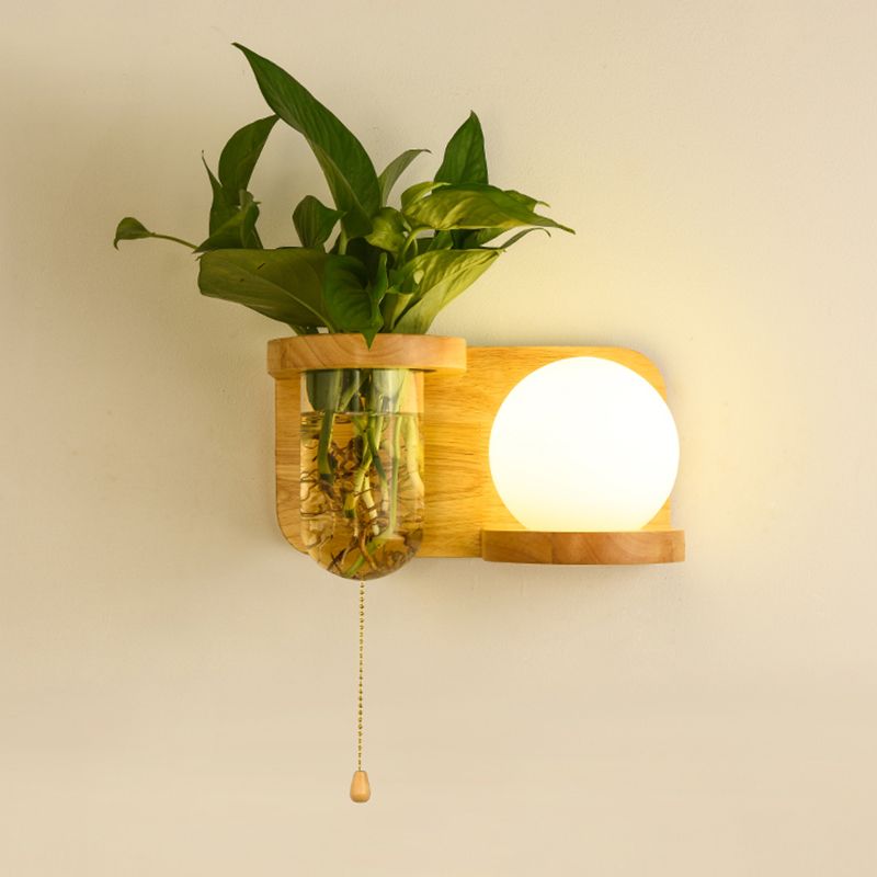 Milk Glass Ball Wall Lighting Nordic 1-Bulb Bedside Pull Chain Sconce with Wood Rack and Planter