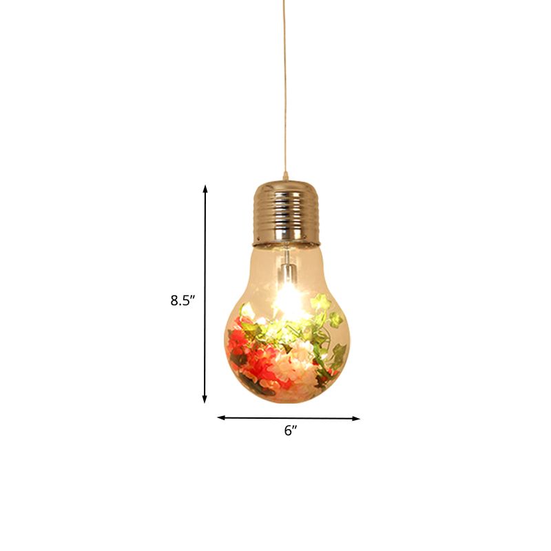 Clear Glass Bulb-Shaped Pendant Farmhouse 1 Light Restaurant Flower Ceiling Suspension Lamp, 6"/8"/11" Wide