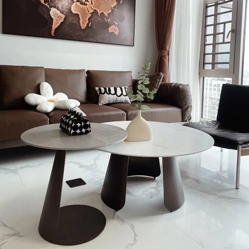 2-Piece Slate Round Coffee Table Set Modern White Simple Cocktail Table