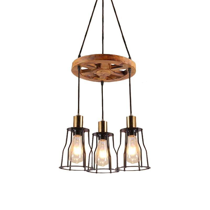 3/6-Light Metal Hanging Chandelier Factory Gold Open Cage Dining Room Pendant Light Fixture with Wood Wheel Shelf Deco
