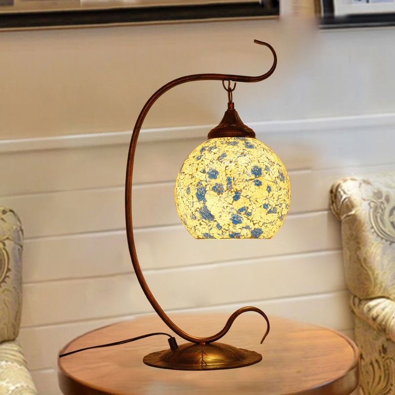 1 Head Global Table Light Traditional Blue Stained Glass Night Table Lamp with Curved Arm for Bedroom