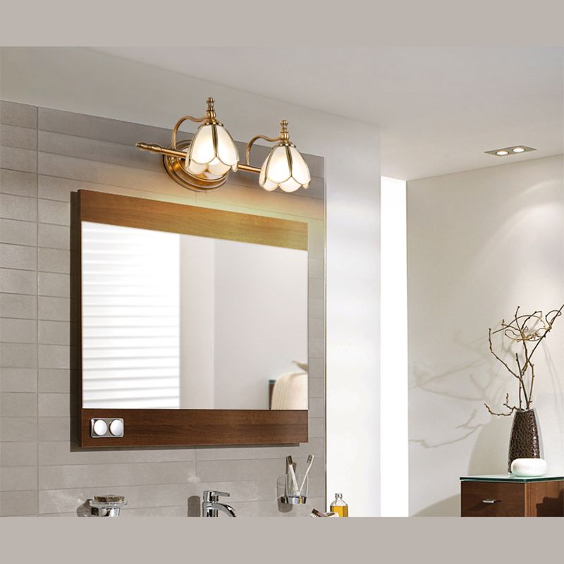 Brass Contemporary Armed Wall Mounted Light Fixture Glass Sconce Light for Bathroom