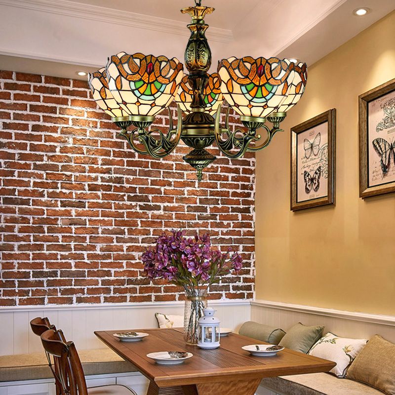5 lumières Bol Plafond Pendent Victorien Hauteur Talage réglable Talage de vitraux suspendus