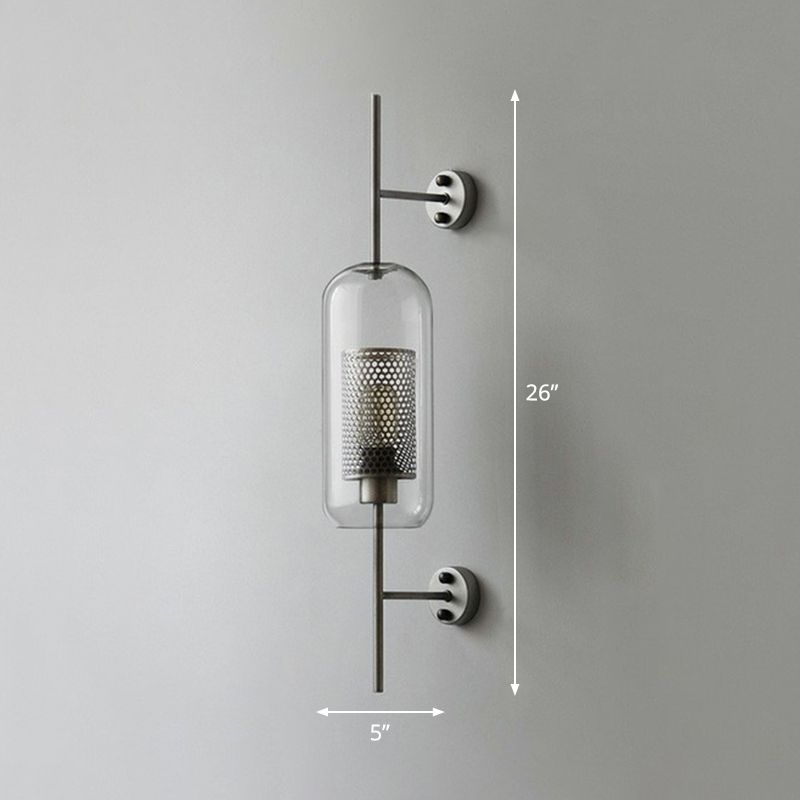 Iron Mesh Wall Mount Lamp Postmodern 1 Head Sconce Light with Capsule Clear Glass Shade