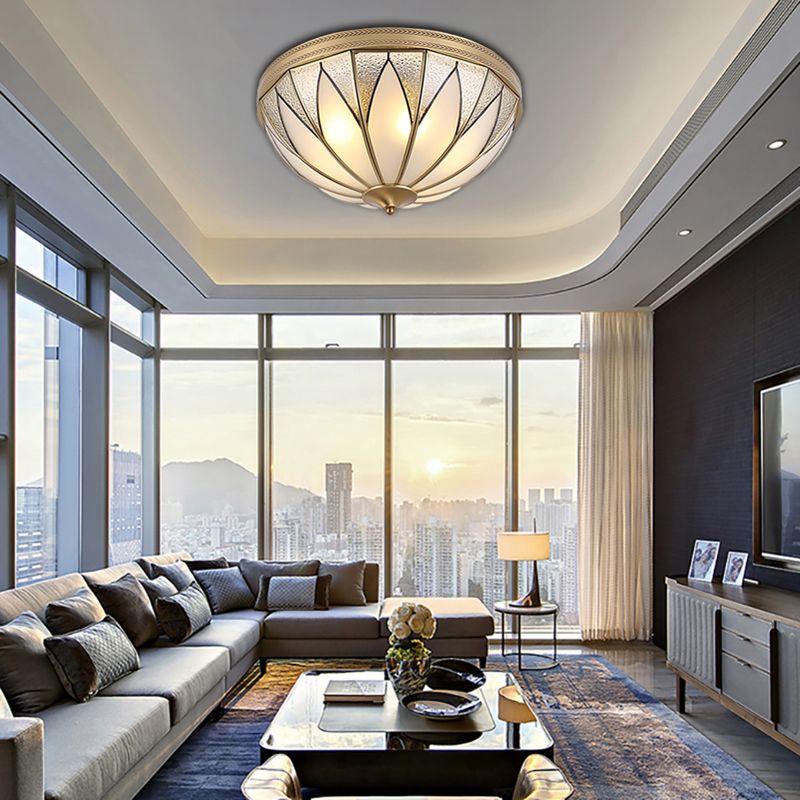 4 Lights Opal Glass Flush Mount Lighting Fixture Traditional Brass Inverted Living Room Close to Ceiling Light