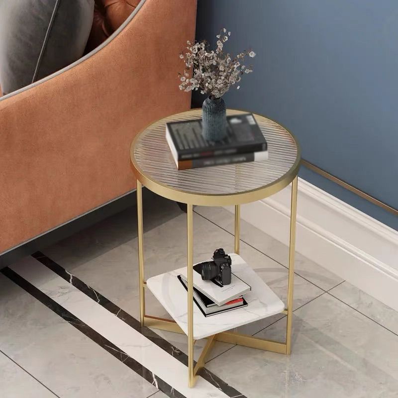 Modern Style Cocktail Table Round Coffee Table with Tempered Glass Top and Iron Art Base