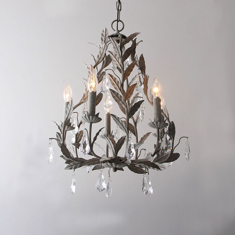 Metal Leaf Chandelier Lamp Modernism 5 Bulbs Grey/Distressed White Suspended Lighting Fixture with Crystal Drop