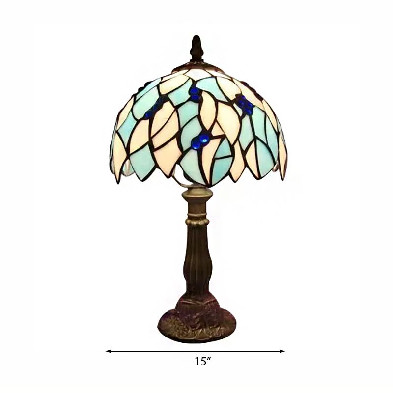 Blue Leaf Table Light with Dome Shade Stained Glass Tiffany 1 Blub Standing Table Light for Bedroom