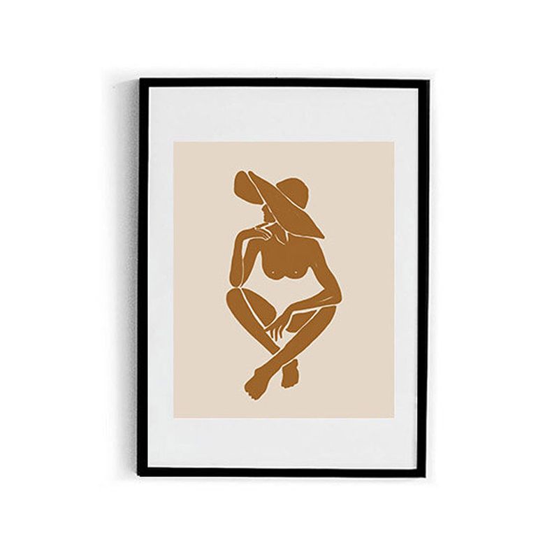 Woman with Floppy Hat Canvas Minimalist Stylish Fashion Drawing Wall Art in Brown