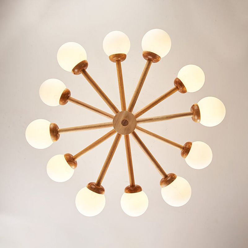Modo Shaped Suspension Light Minimalist Cream Glass Bedroom Chandelier Light in Wood