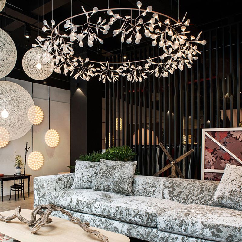 Metal Branch Shape Chandelier Nordic Style Fireflies Hanging Lamp for Living Room