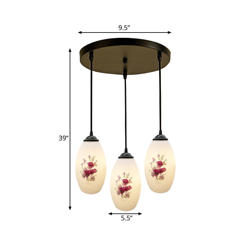 3 Lights Oval Multi-Pendant Modern Black Finish White Printed Glass Ceiling Hang Fixture with Round/Linear Canopy