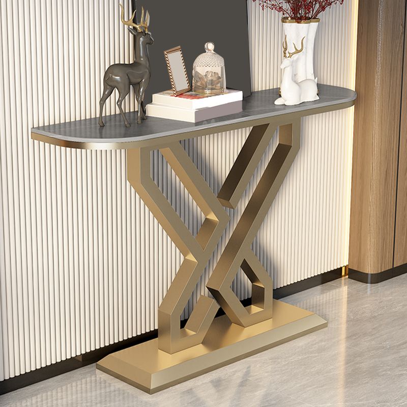 Glam Metal Accent Table Half Moon Stone Sofa Console Table for Hall