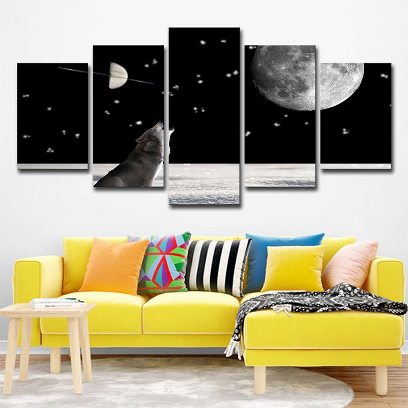 Wolf and Super Moon Art Print Living Room Cosmos Wall Decor in Black, Multi-Piece