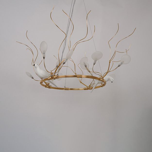 Metal Ring Hanging Chandelier Light Lodge LED Gold Pendant Lamp with Acrylic Shade and Bird Accent, Warm/White Light